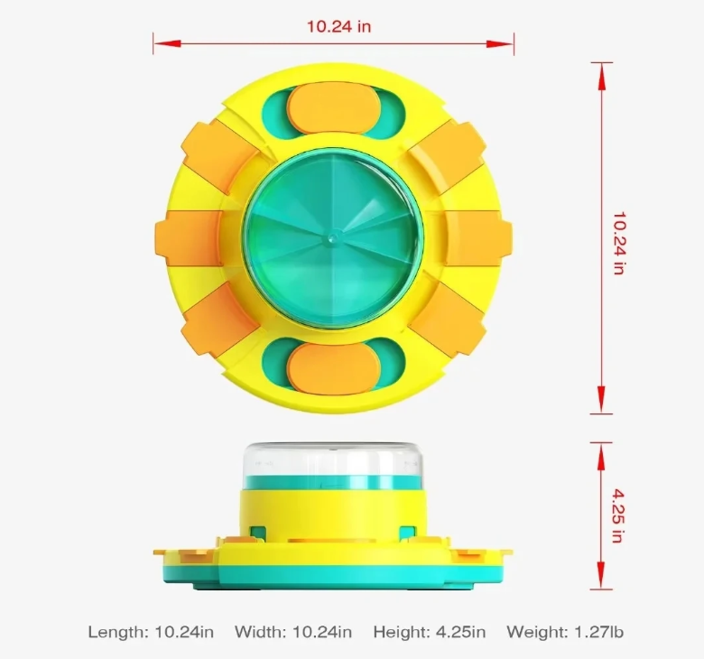 Colorful Dog Treat Feeding Toy with dimensions on a white background