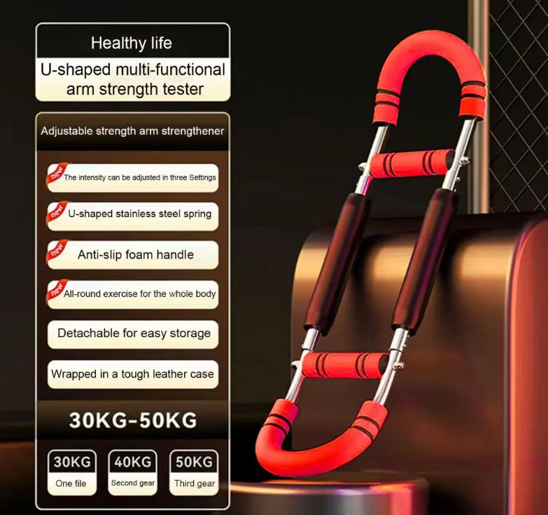 U-shaped multi-functional arm strength tester with features listed on a dark background