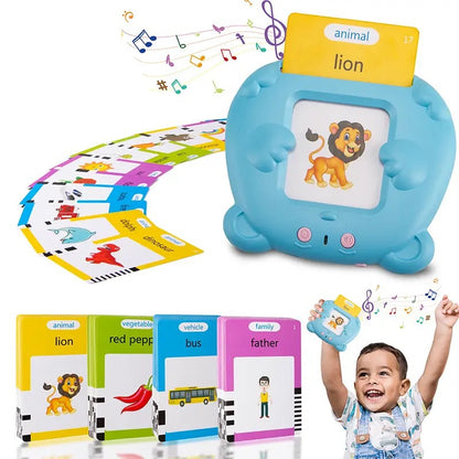 Educational toy with cards and a child using it on a white background