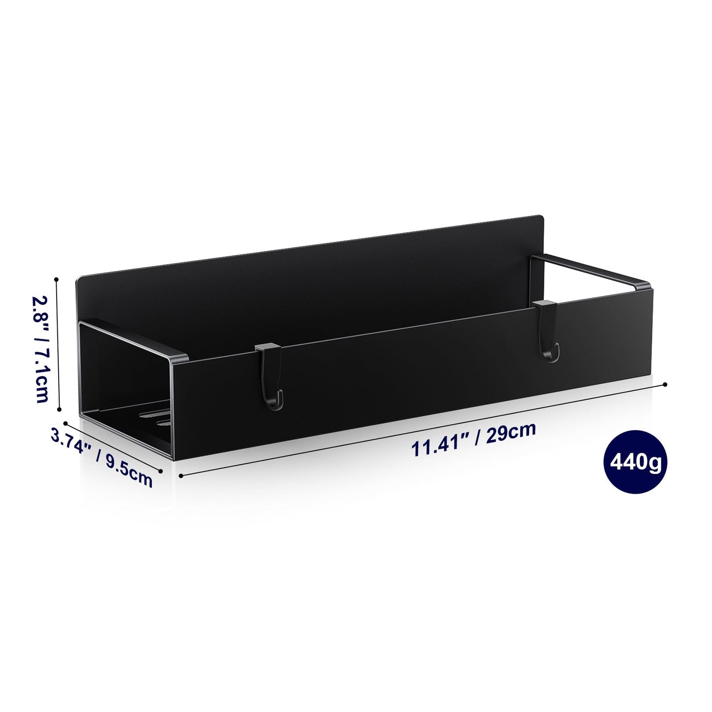 Black metal shelf with dimensions and weight displayed on a white background