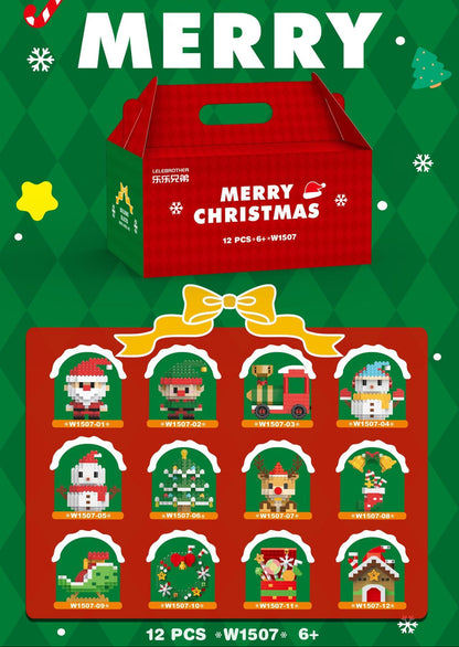 Red Christmas gift box with festive illustrations on a green patterned background
