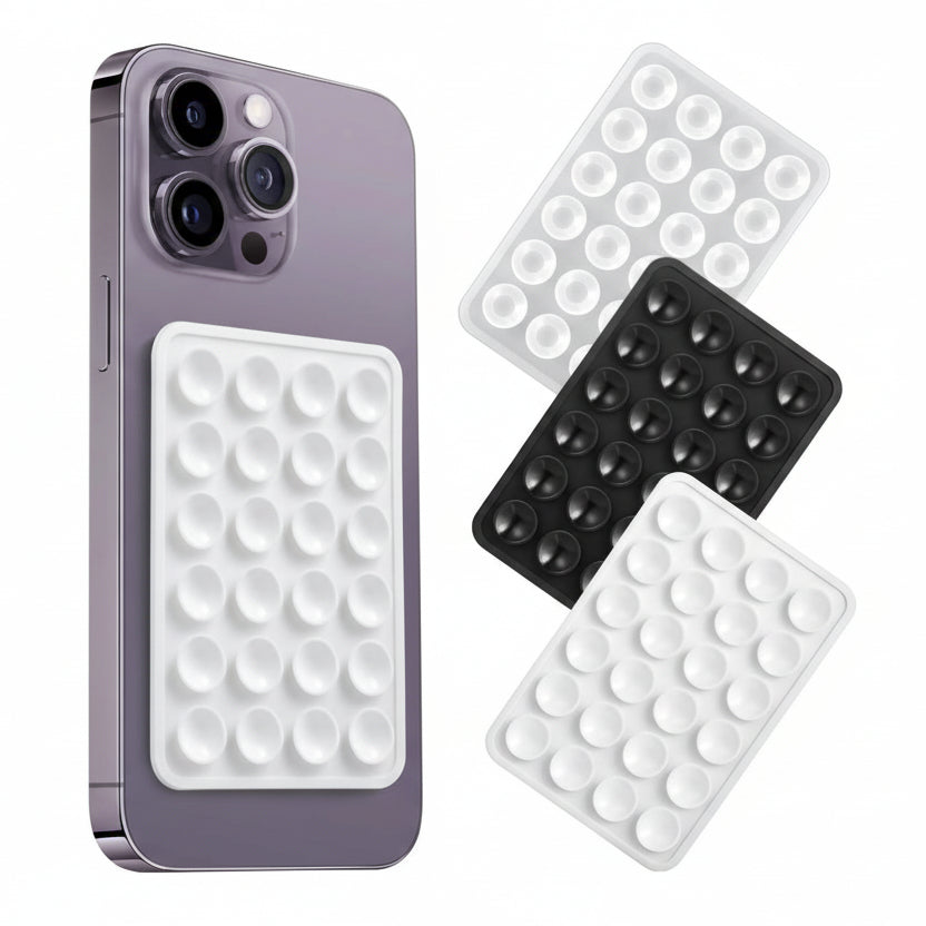 Phone case with silicone phone suction mount and three silicone mold trays on a white background