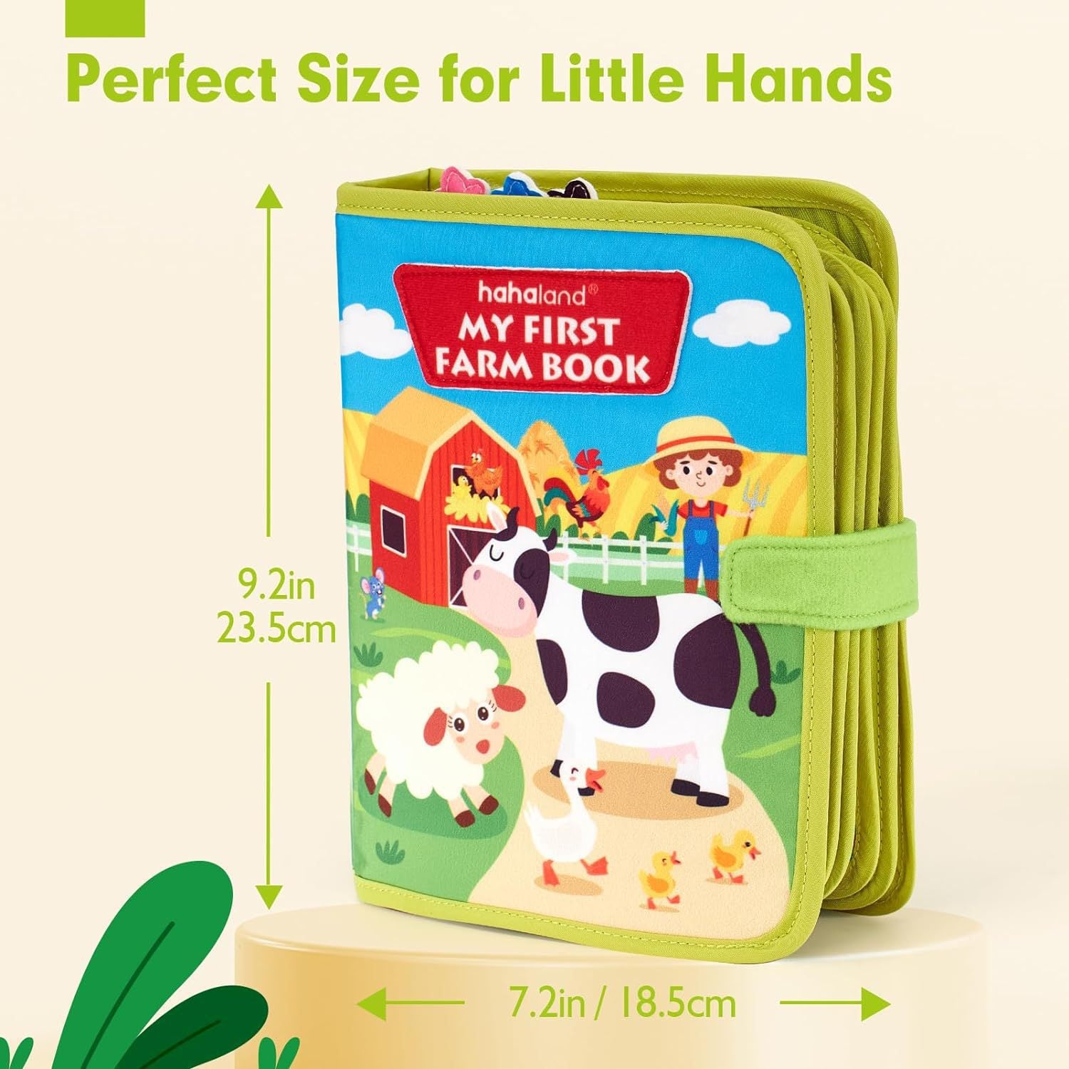 Children's farm book with measurements on a light beige background