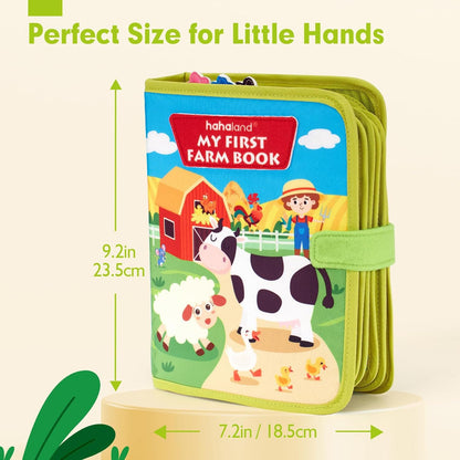 Children's farm book with measurements on a light beige background