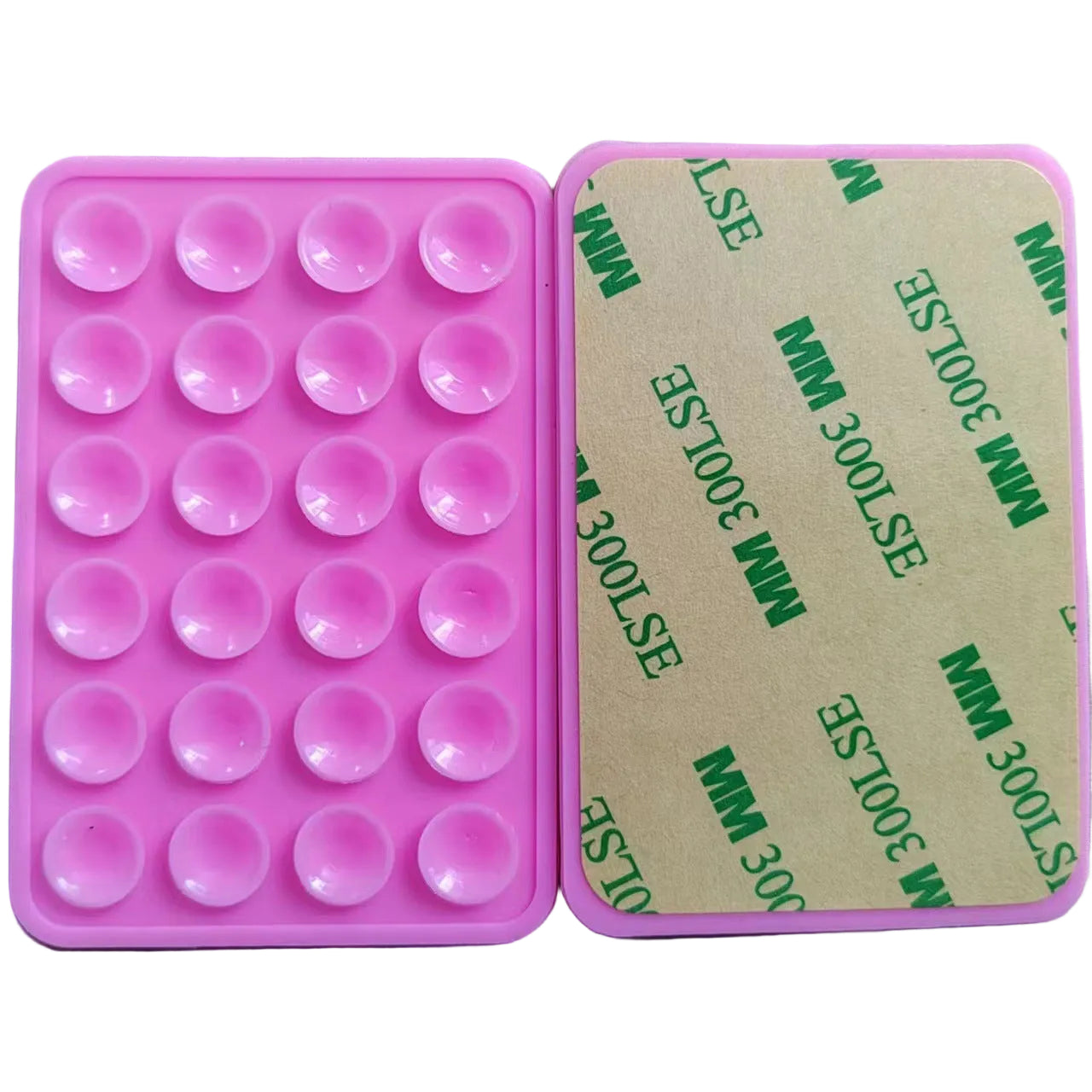 Pink silicone phone mount with circular cavities on a white background