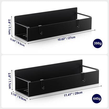 Black metal shelf with dimensions and weight information on a white background
