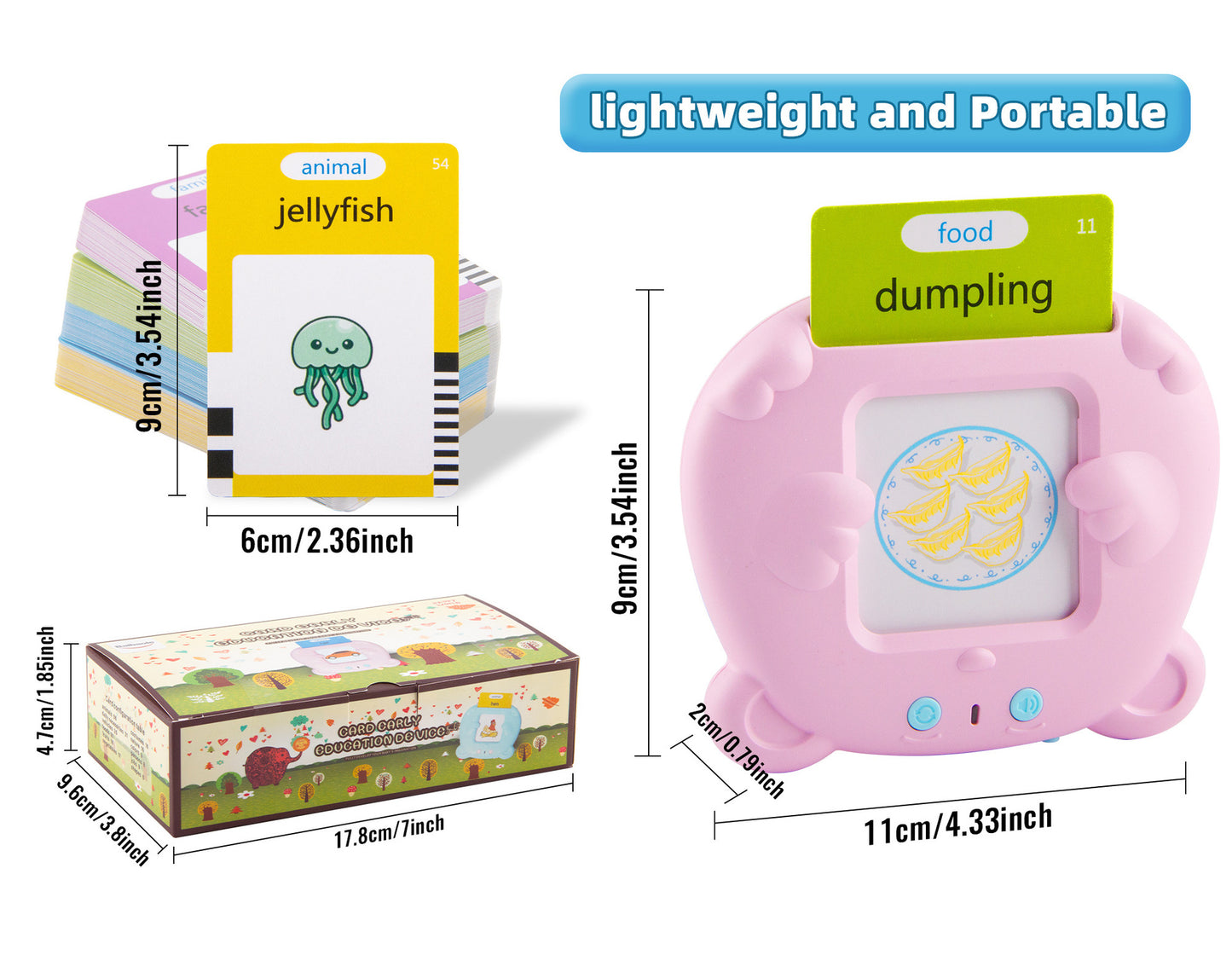 Small electronic device with a jellyfish illustration, labeled 'lightweight and portable', next to its packaging and dimensions.