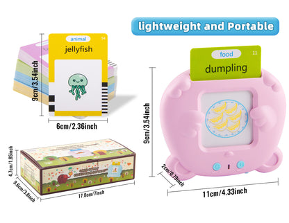Small electronic device with a jellyfish illustration, labeled 'lightweight and portable', next to its packaging and dimensions.