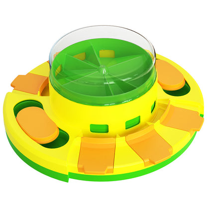 Colorful puzzle toy with green and orange pieces on a white background