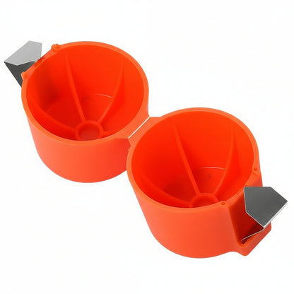 Two orange plastic egg holders with metal clips on a white background