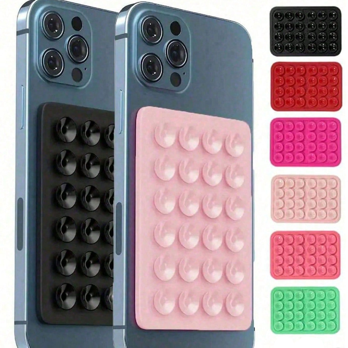 Phone case with silicone phone suction mount in black, pink, and green on a gray background