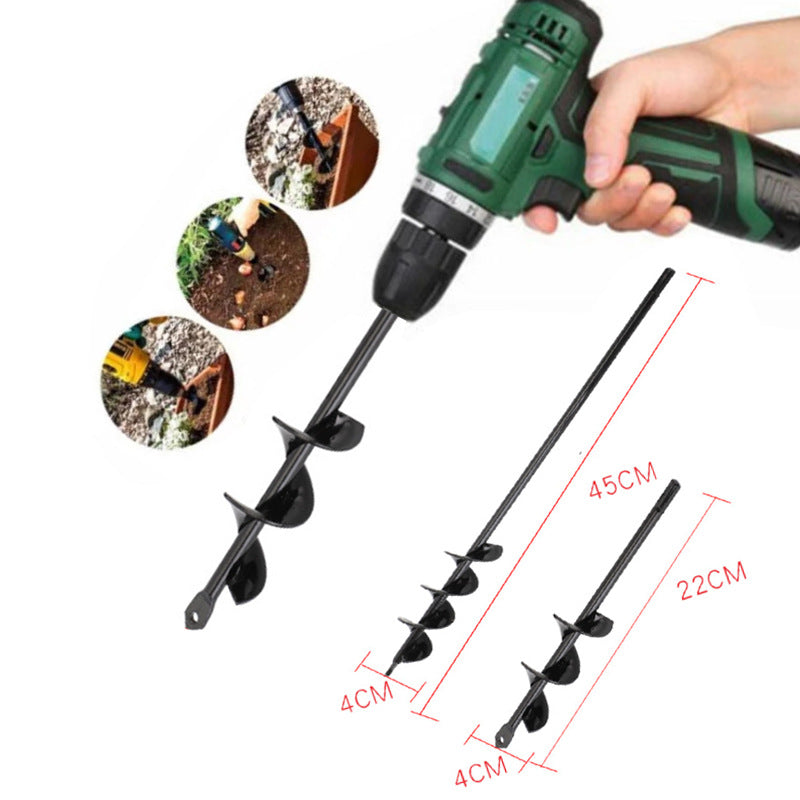 Electric drill with garden auger bits and measurements on a white background