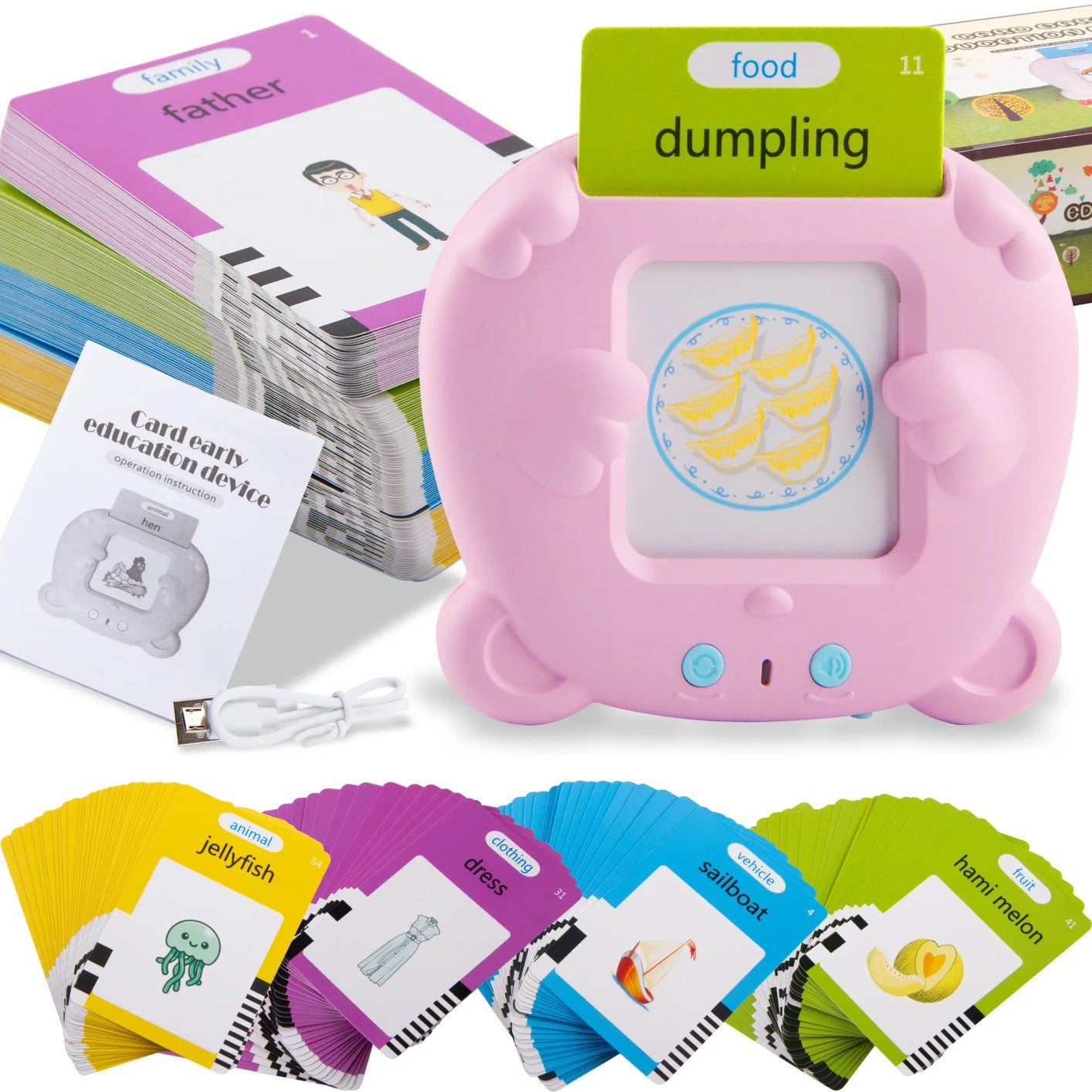 Educational card set with a pink electronic device and flashcards on a white background