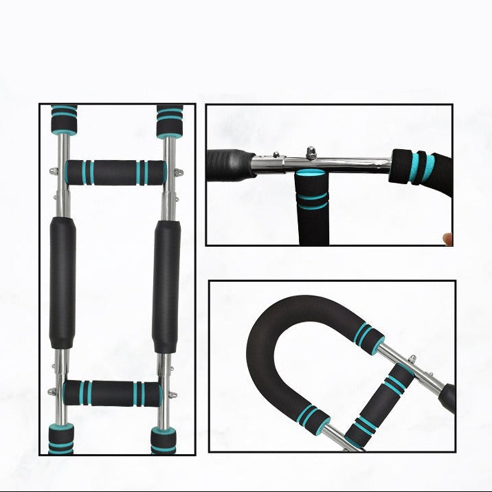 Fitness equipment with black and blue handles on a white background