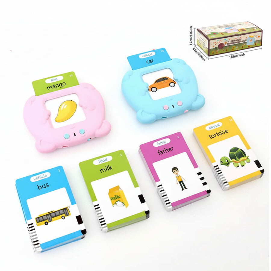 Colorful educational cards with images and text on a white background