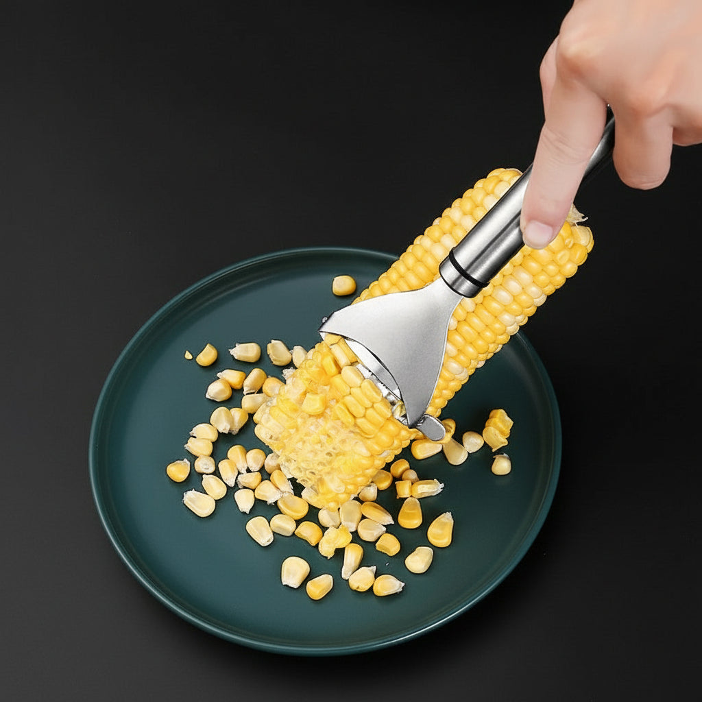 Corn peeler being used to remove corn kernels onto a plate with text indicating brand and product features.