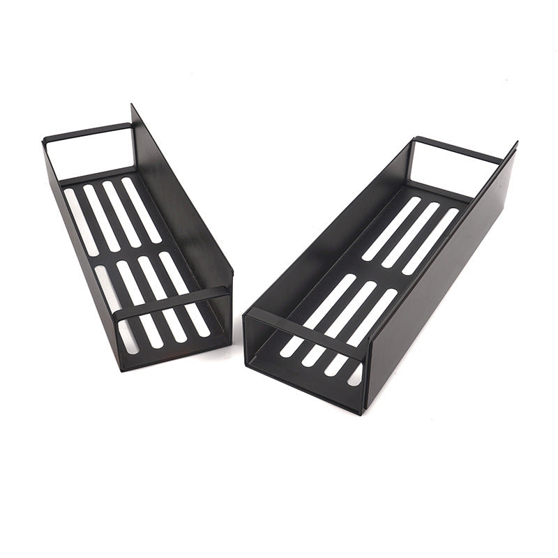 Two black metal shelves on a white background.