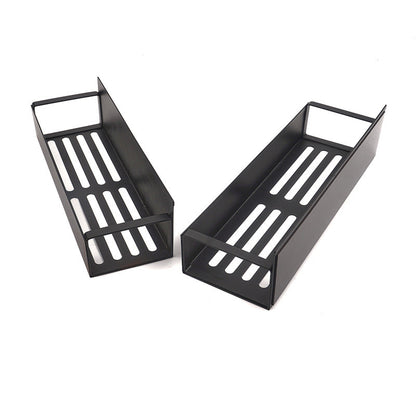 Two black metal shelves on a white background.