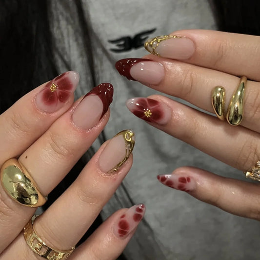 24pcs Press on Nails Red French Round Almond False Nails with Flower Design Short Fake Nail Tips Wearable Manicure Sets Finished