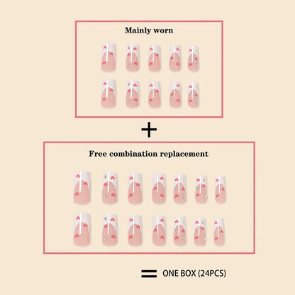 Hot New 24Pcs Long Square Red French White Border Heart Full Coverage Wearable Fake Nail Press on Nail Art