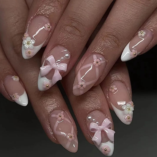 24Pcs Almond Press Wearable Nails with Pink Bow Wearable Flower Design Oval Manicure Full Cover Nail Tips