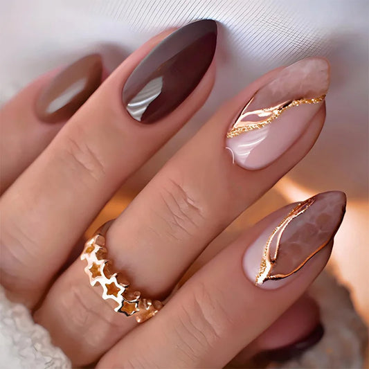 24PCS Simple Almond Wearable Press on Nails with Marble Lines Pattern Gradient Gold Fake Nail Glue Full Cover Manicure Ins Tools