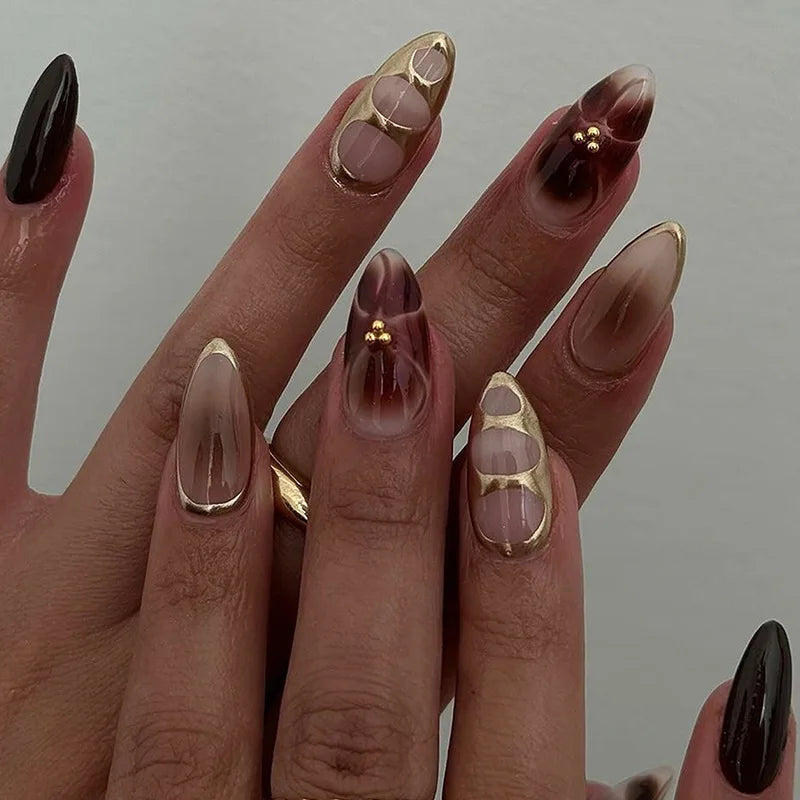 24pcs Press on Nails Red French Round Almond False Nails with Flower Design Short Fake Nail Tips Wearable Manicure Sets Finished