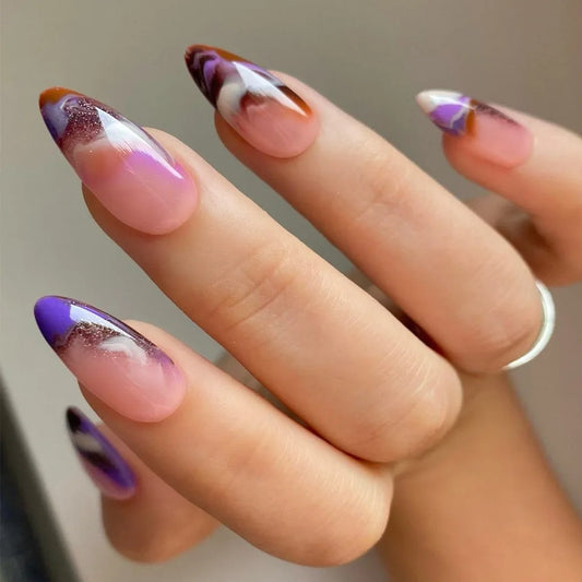 24PCS Glitter Almond False Nail Tips with Nebula Blurred French Press on Nail Full Cover Acrylic Wearable Simple Fake Nail Patch