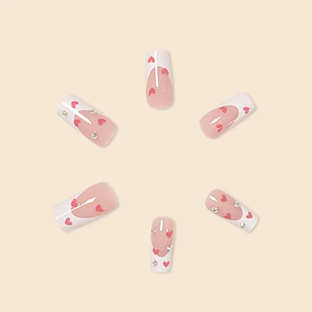 Hot New 24Pcs Long Square Red French White Border Heart Full Coverage Wearable Fake Nail Press on Nail Art