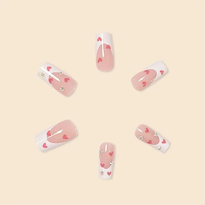 Hot New 24Pcs Long Square Red French White Border Heart Full Coverage Wearable Fake Nail Press on Nail Art