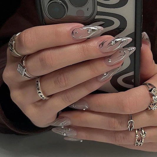 24PCS Y2k Almond Fake Nails with Glue Silver Flame Patterns Press on Nail Full Cover Wearable False Nail Spice Girls with Design