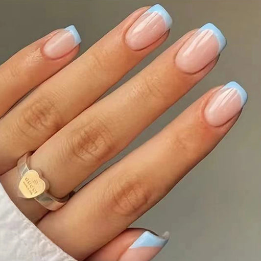 24Pcs/Set Women Girls Short French Light Blue Pink Dual Color Glossy Surface Full Coverage Wearable Nails