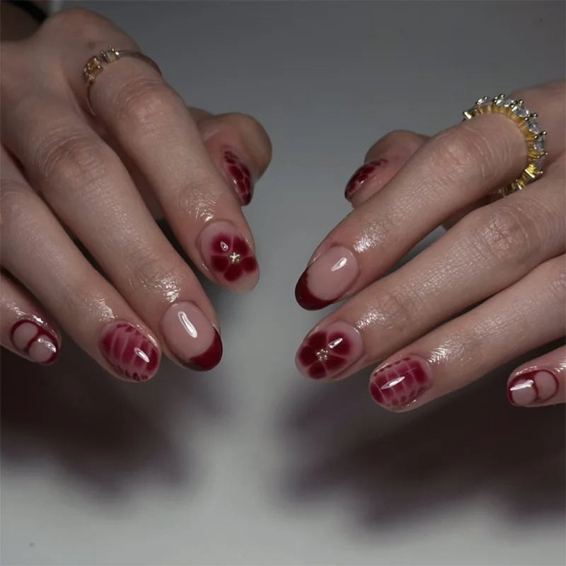 24pcs Press on Nails Red French Round Almond False Nails with Flower Design Short Fake Nail Tips Wearable Manicure Sets Finished