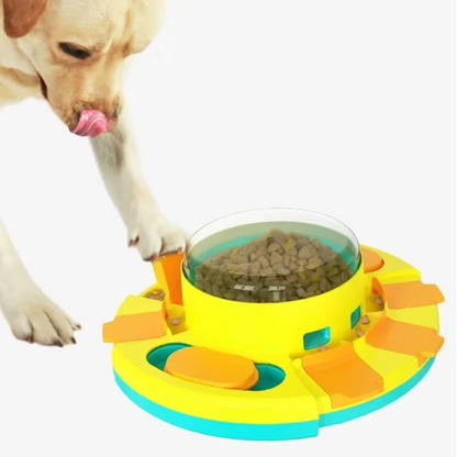 Dog interacting with a colorful puzzle toy designed to encourage play and exercise.