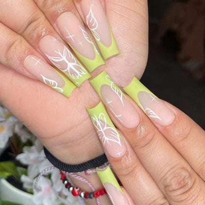 Hot New 24Pcs Long Square Red French White Border Heart Full Coverage Wearable Fake Nail Press on Nail Art