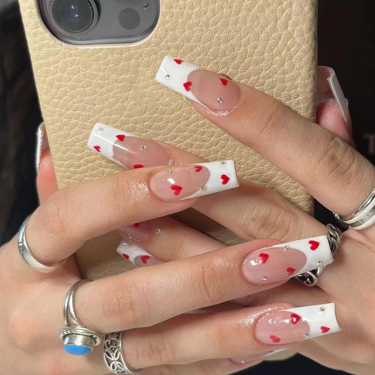 Hot New 24Pcs Long Square Red French White Border Heart Full Coverage Wearable Fake Nail Press on Nail Art