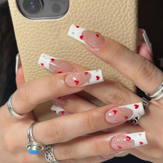 Hot New 24Pcs Long Square Red French White Border Heart Full Coverage Wearable Fake Nail Press on Nail Art