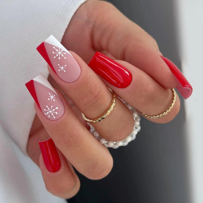 Hot New 24Pcs Long Square Red French White Border Heart Full Coverage Wearable Fake Nail Press on Nail Art