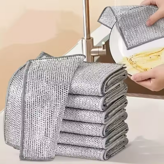 Stack of non-scratch wire dishcloth with a kitchen setting in the background